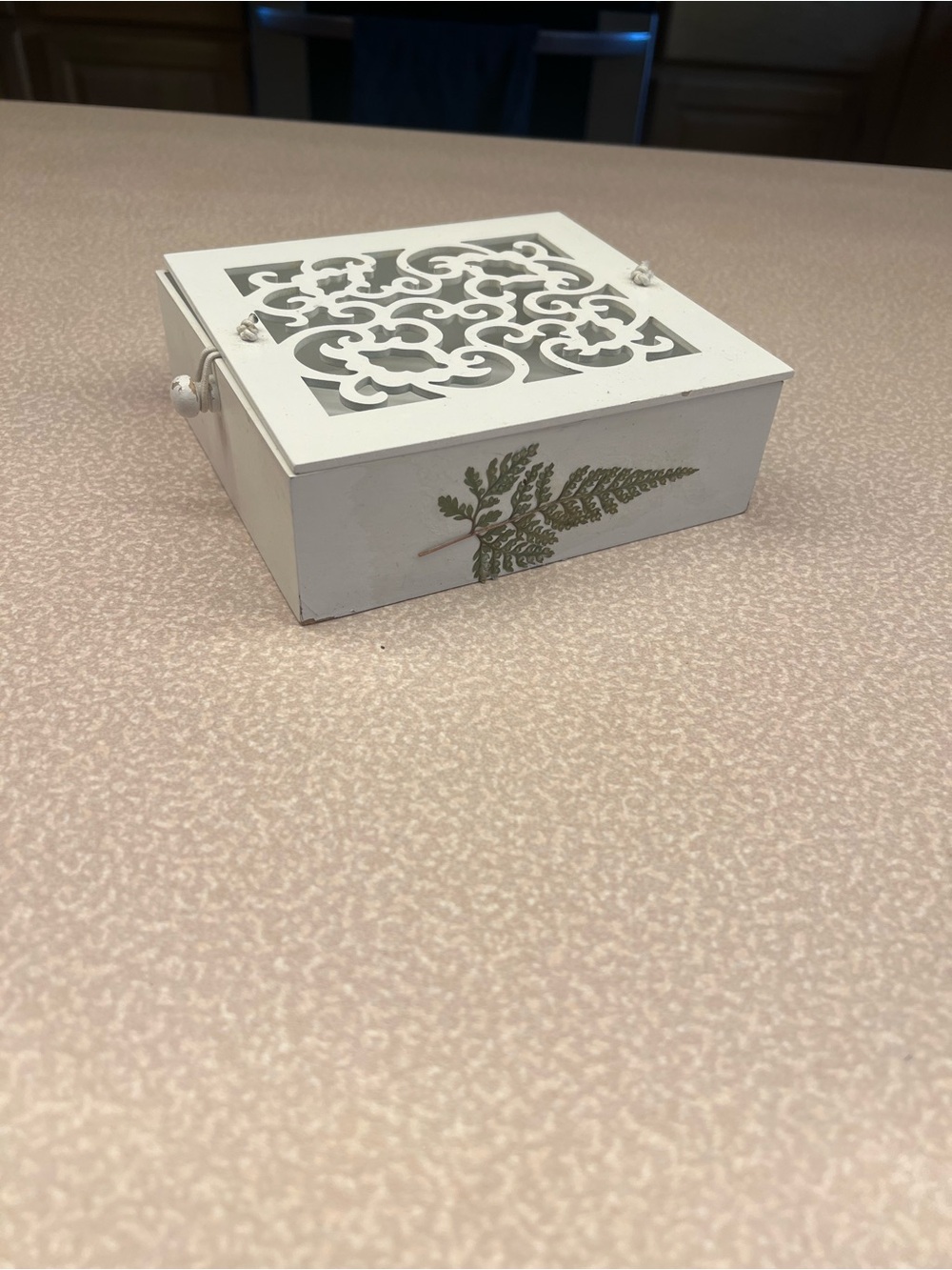 Elegant white wooden box. Botanical has  actual ferns on both sides.